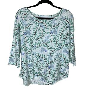 Women's Cynthia Rowley White Blue Bird Print 3/4 Sleeve Cotton T-Shirt Size 1X